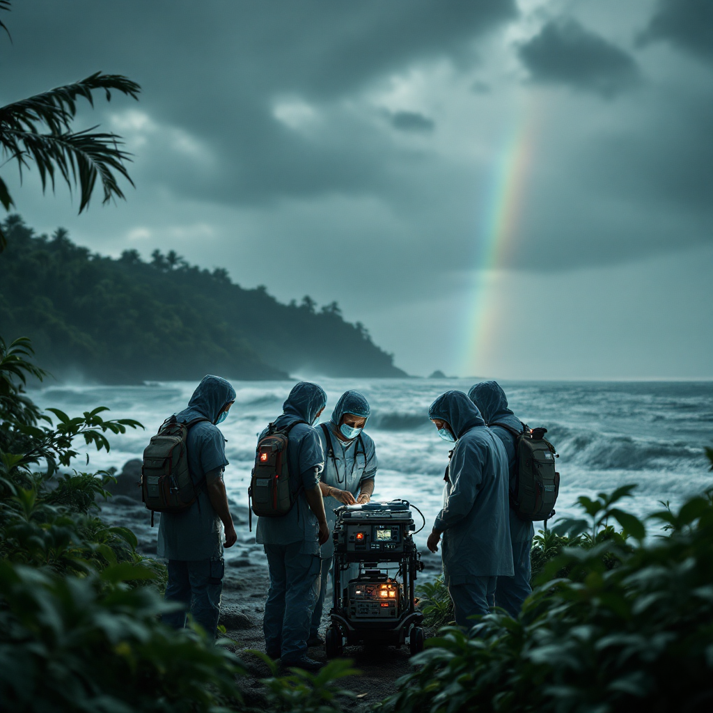 Humanitarian team on an isolated island after a typhoon